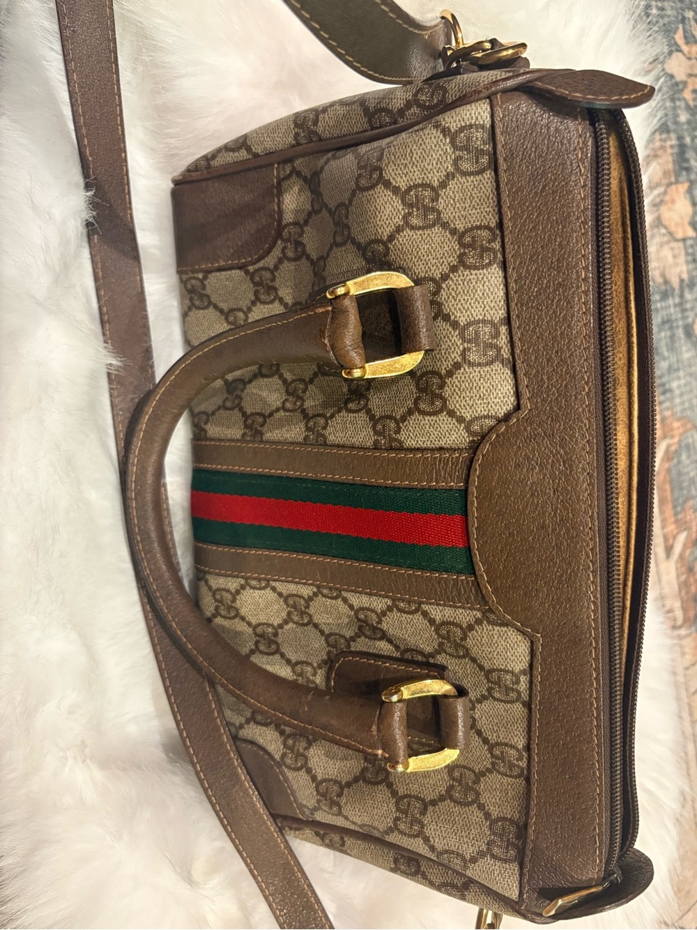 Gucci Brown Monogram Canvas Crossbody with Green and Red Web Stripe vintage
